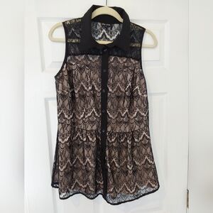 City Chic Black Lace Button-Down Women's Blouse.